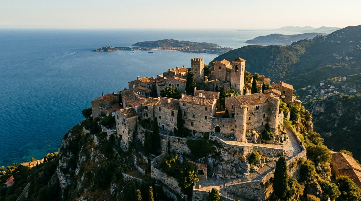 The medieval stone village of Eze perched on a clifftop high above the Mediterranean