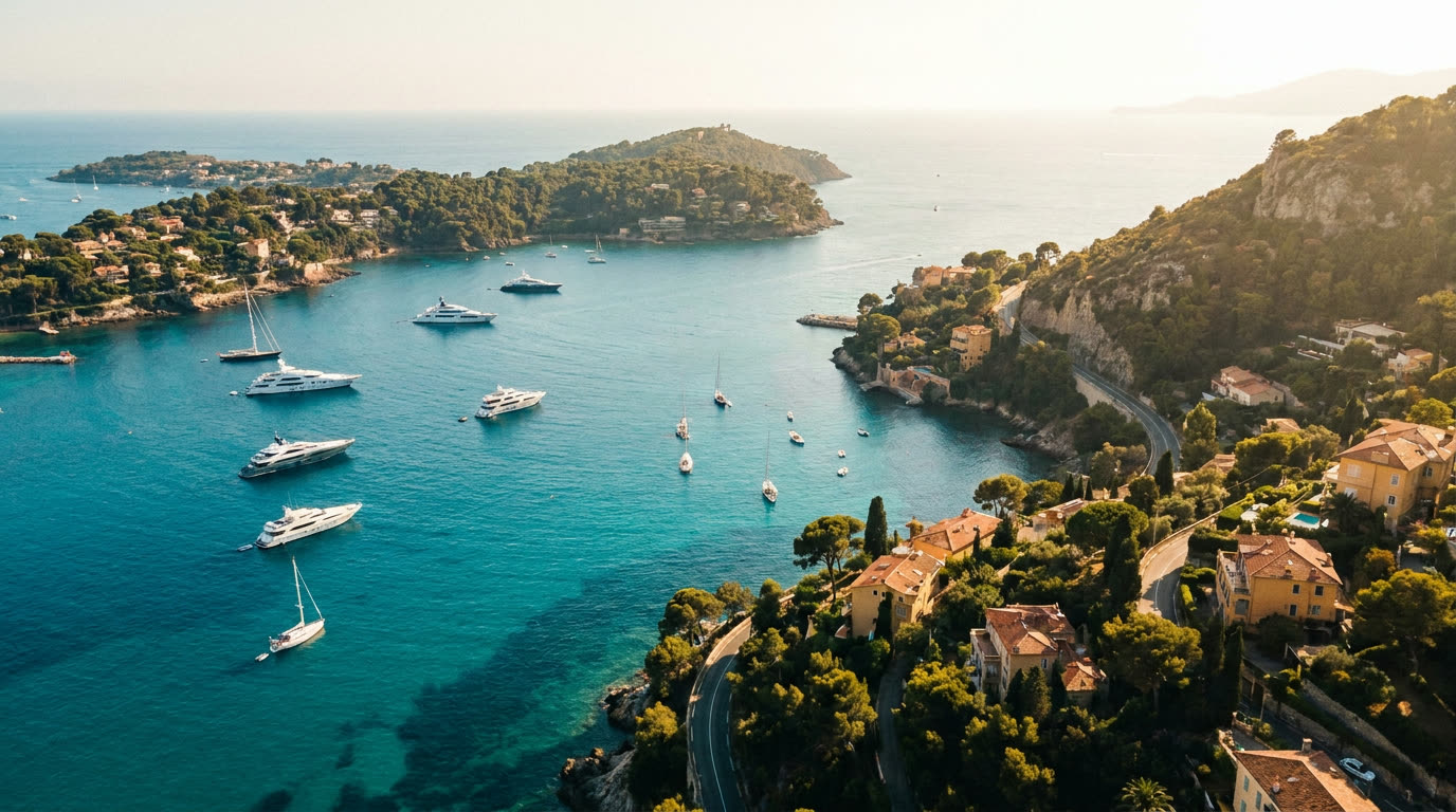 Turquoise bay of the French Riviera with superyachts at anchor below pine-covered capes