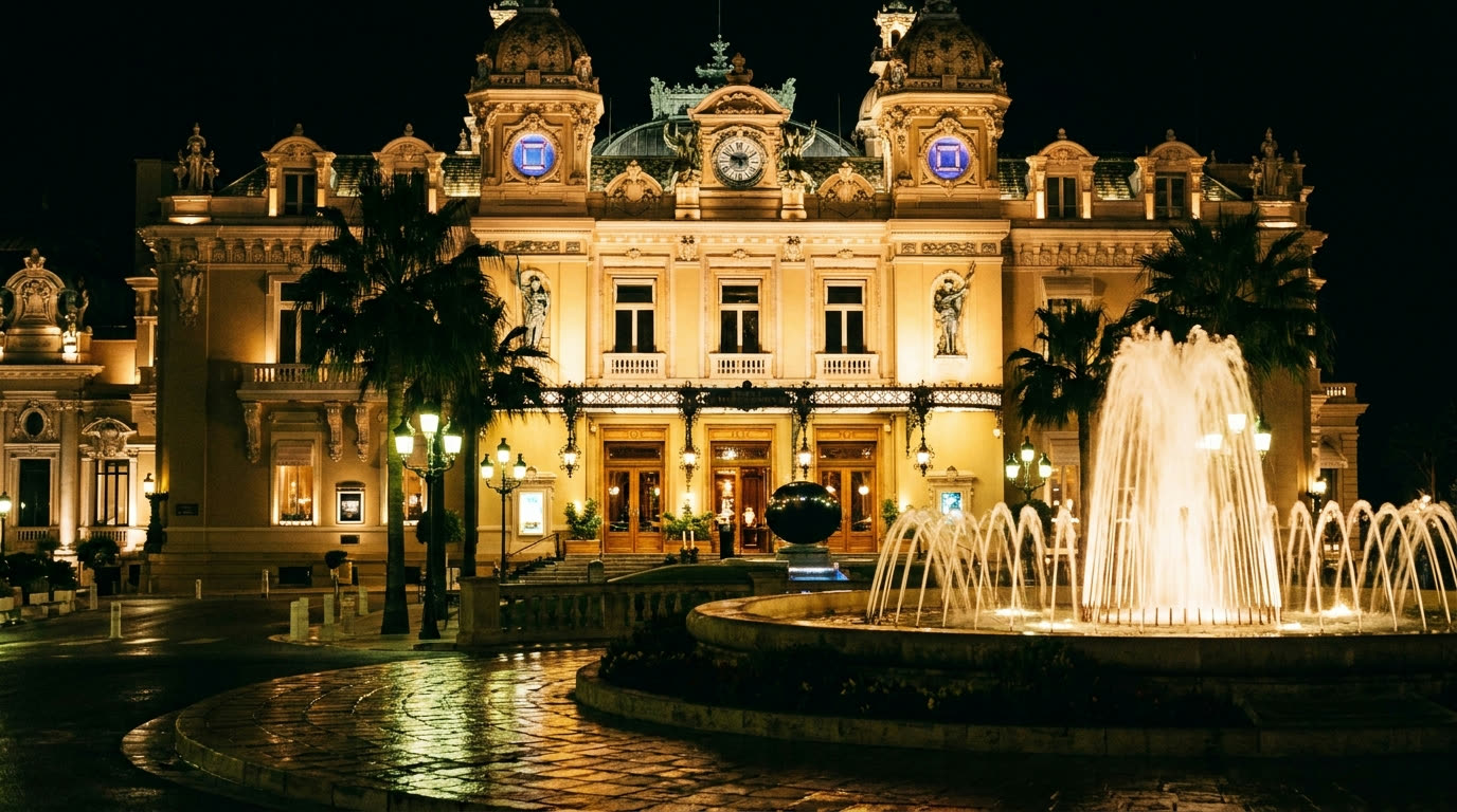 The Belle Epoque facade of the Casino de Monte-Carlo lit at night on Casino Square