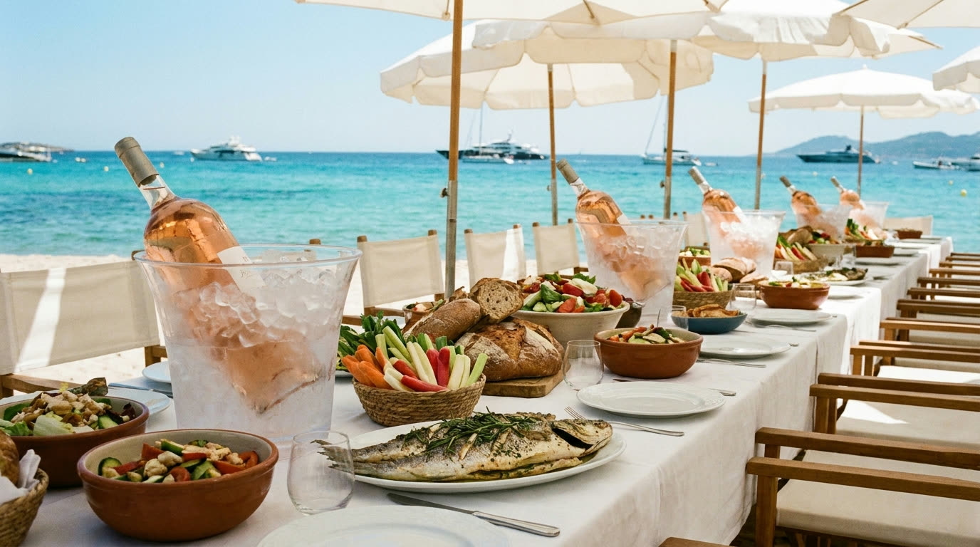 Long beach club lunch table with rose wine and grilled fish under white parasols on Pampelonne sand
