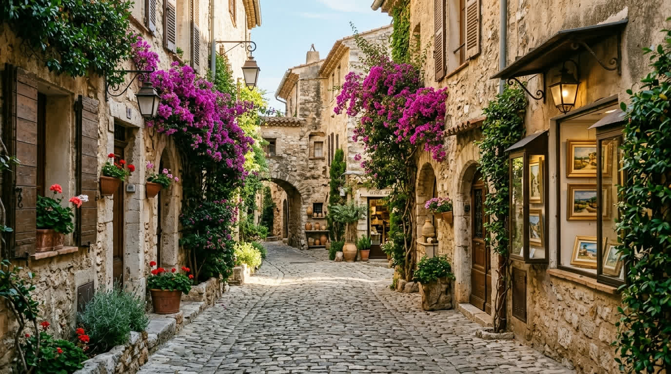 Cobbled lane with bougainvillea and gallery windows in Saint-Paul-de-Vence