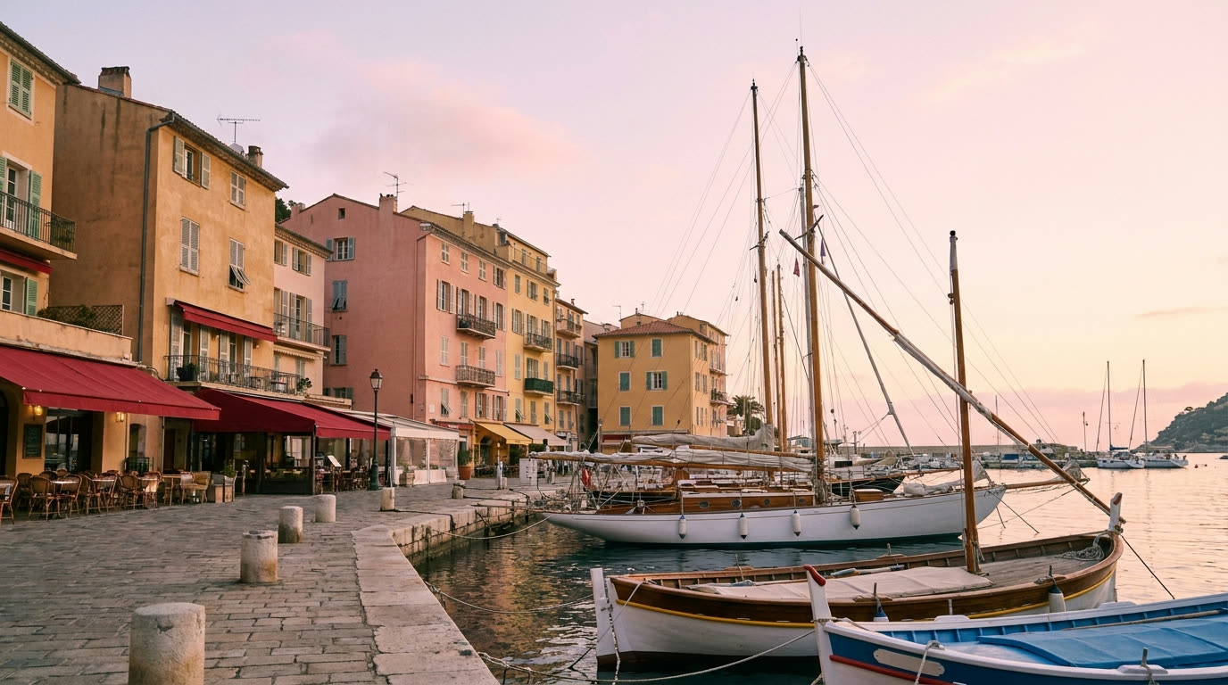 Saint-Tropez old port at dawn with pastel houses and classic wooden yachts