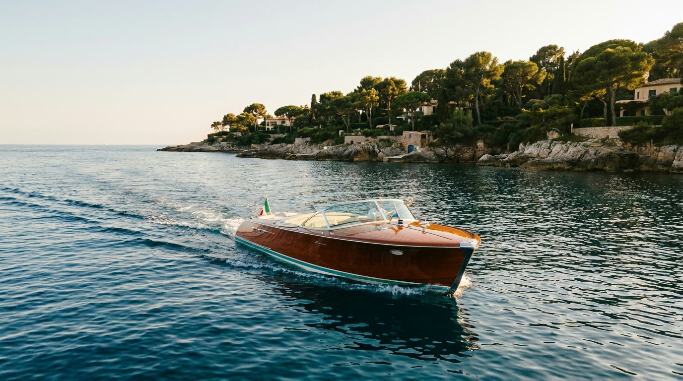 A polished yacht tender crossing calm water toward the pine-covered shore of Cap Ferrat