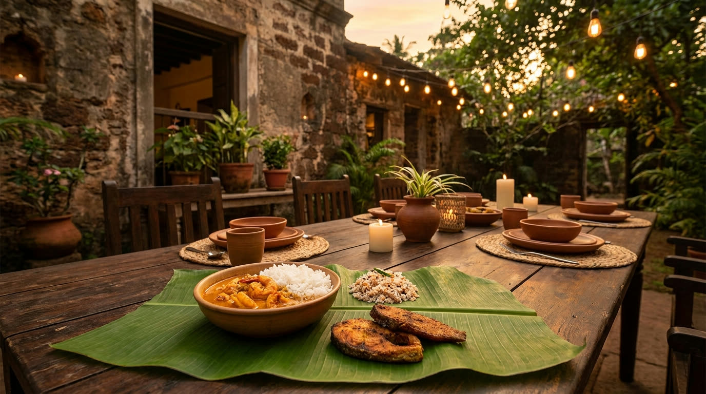 Goan prawn curry, fried fish and kismoor in a heritage courtyard restaurant