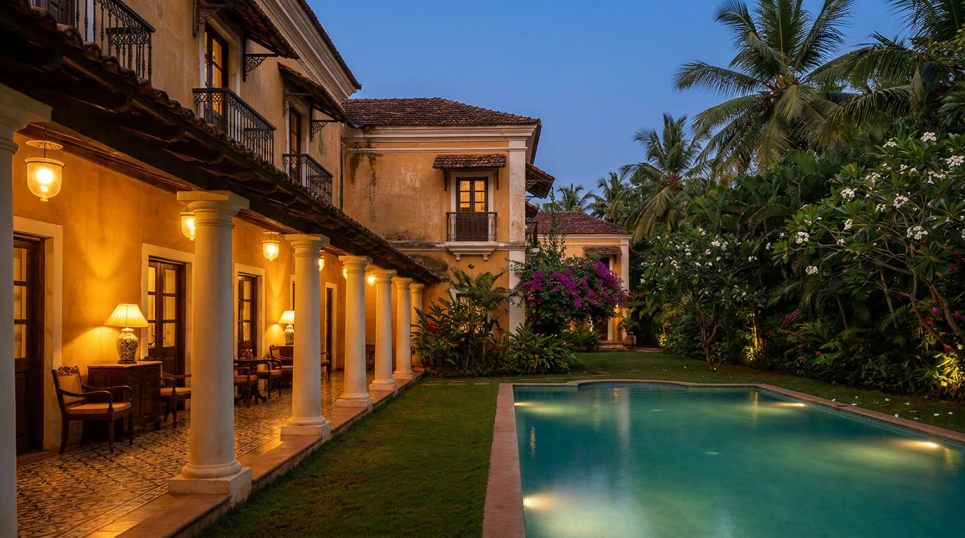 Heritage Indo-Portuguese villa hotel with pool at dusk, Goa