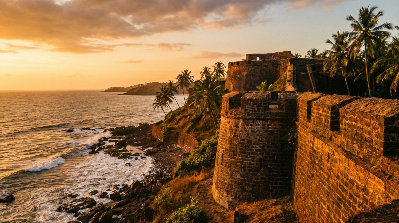 Fort Aguada ramparts above the Arabian Sea at sunset, Goa