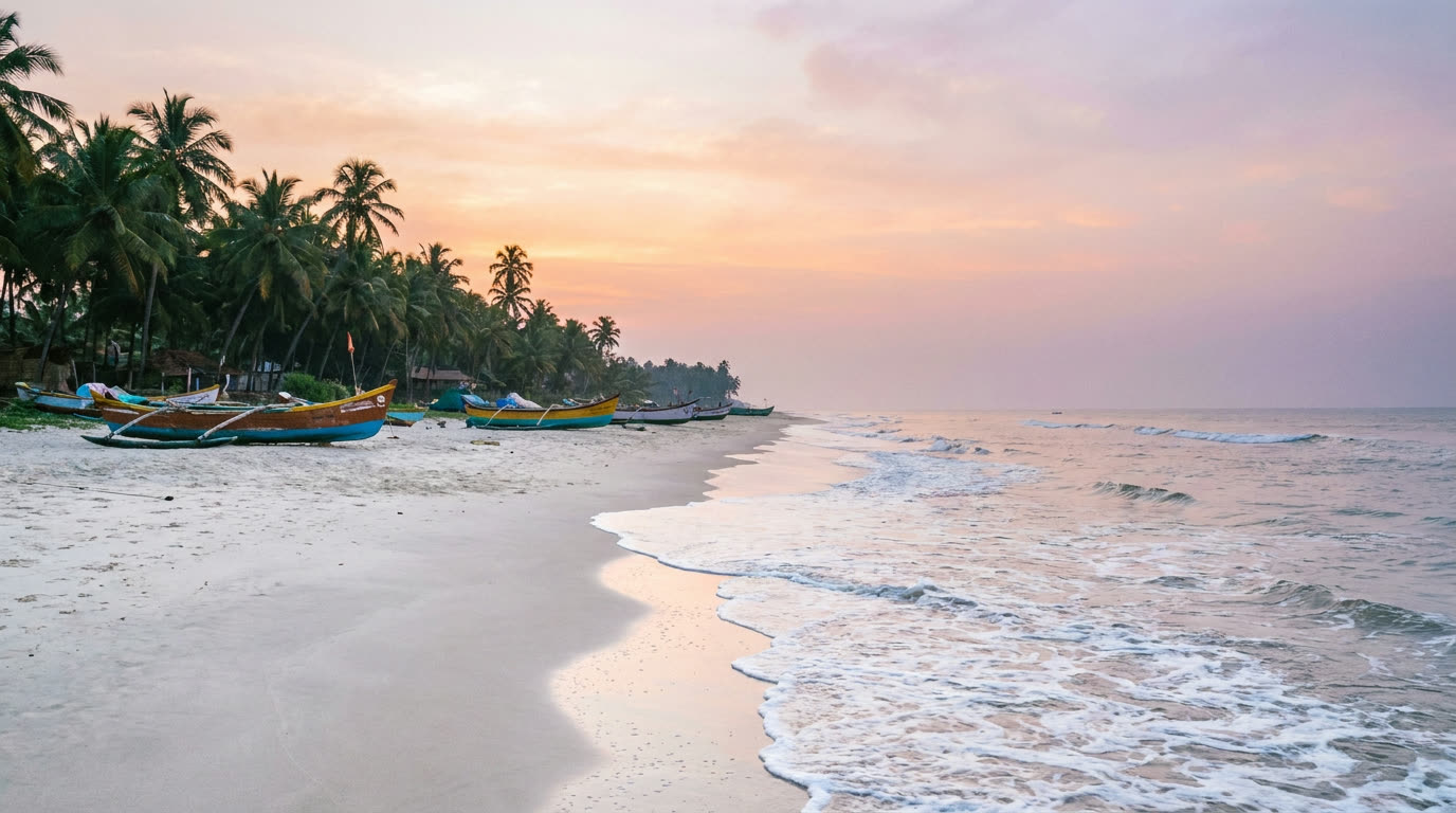 Quiet palm-lined South Goa beach at dawn with fishing boats