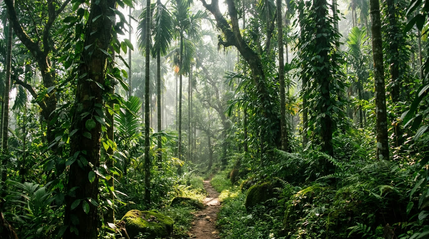 Spice plantation footpath in the Western Ghats foothills, Goa