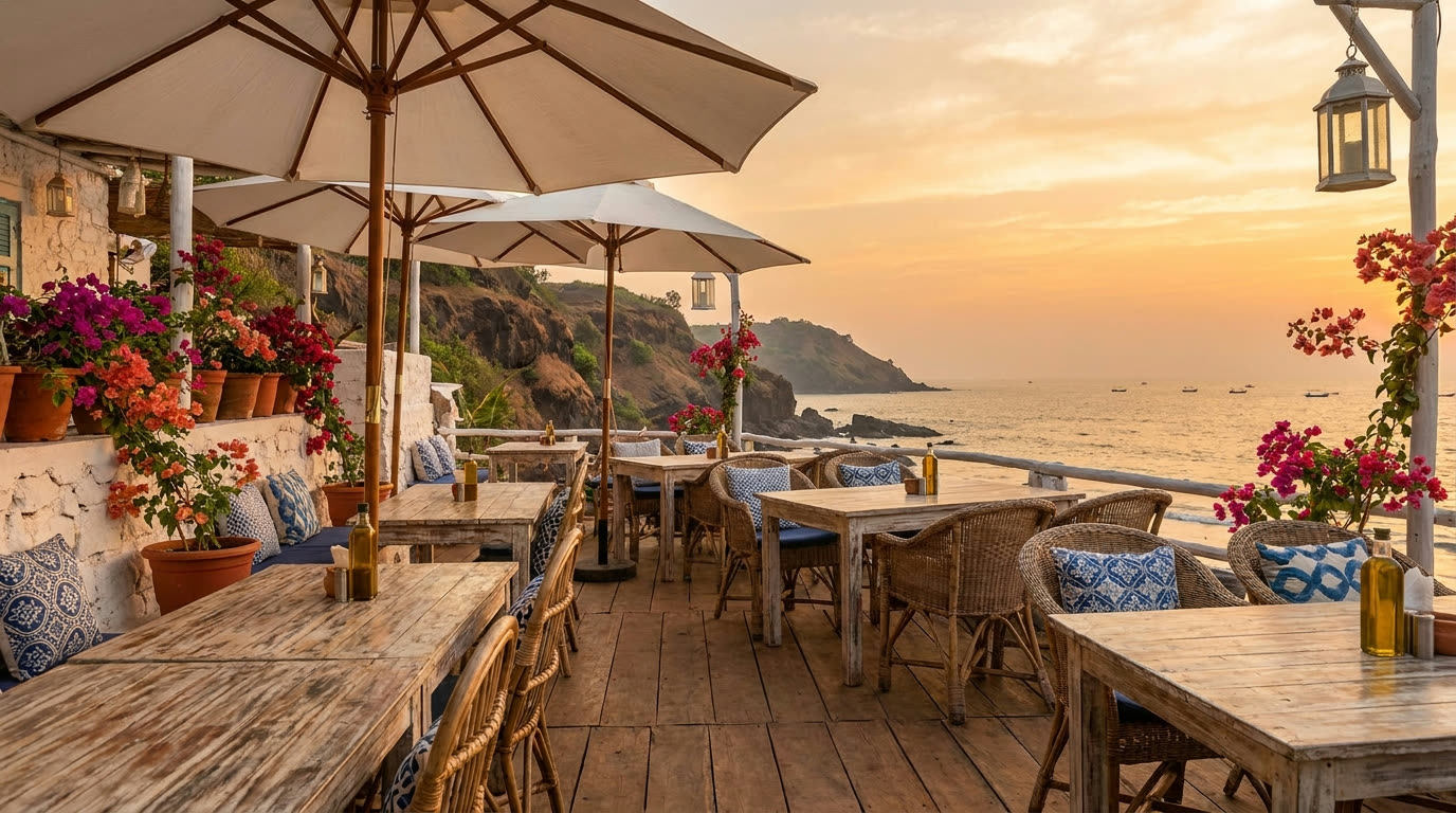 Beachfront restaurant deck above Vagator cliffs at sunset, Goa