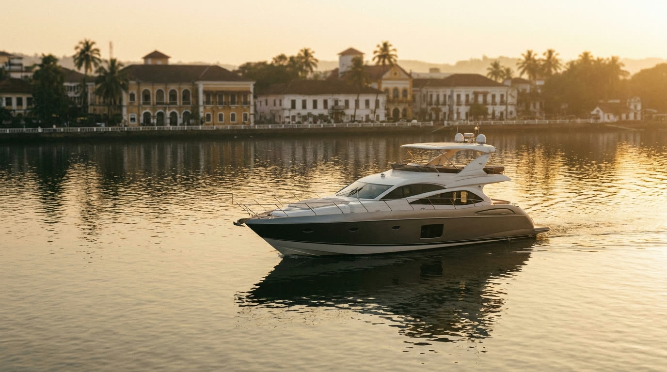 Luxury yacht on the Mandovi River at golden hour, Goa