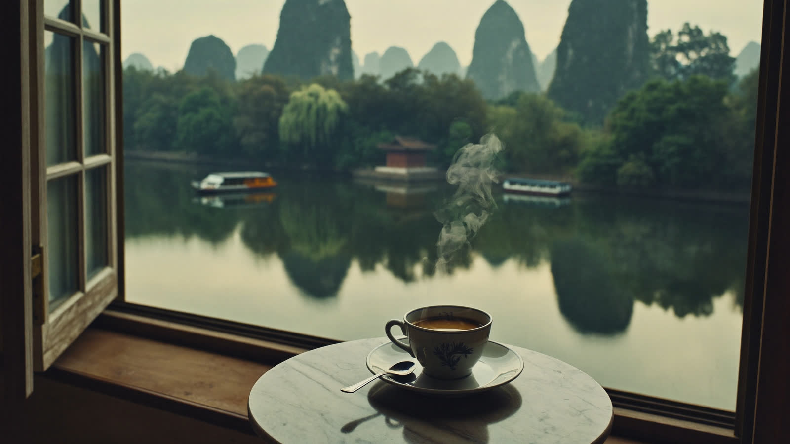Egg coffee on a marble table overlooking a Hanoi lake