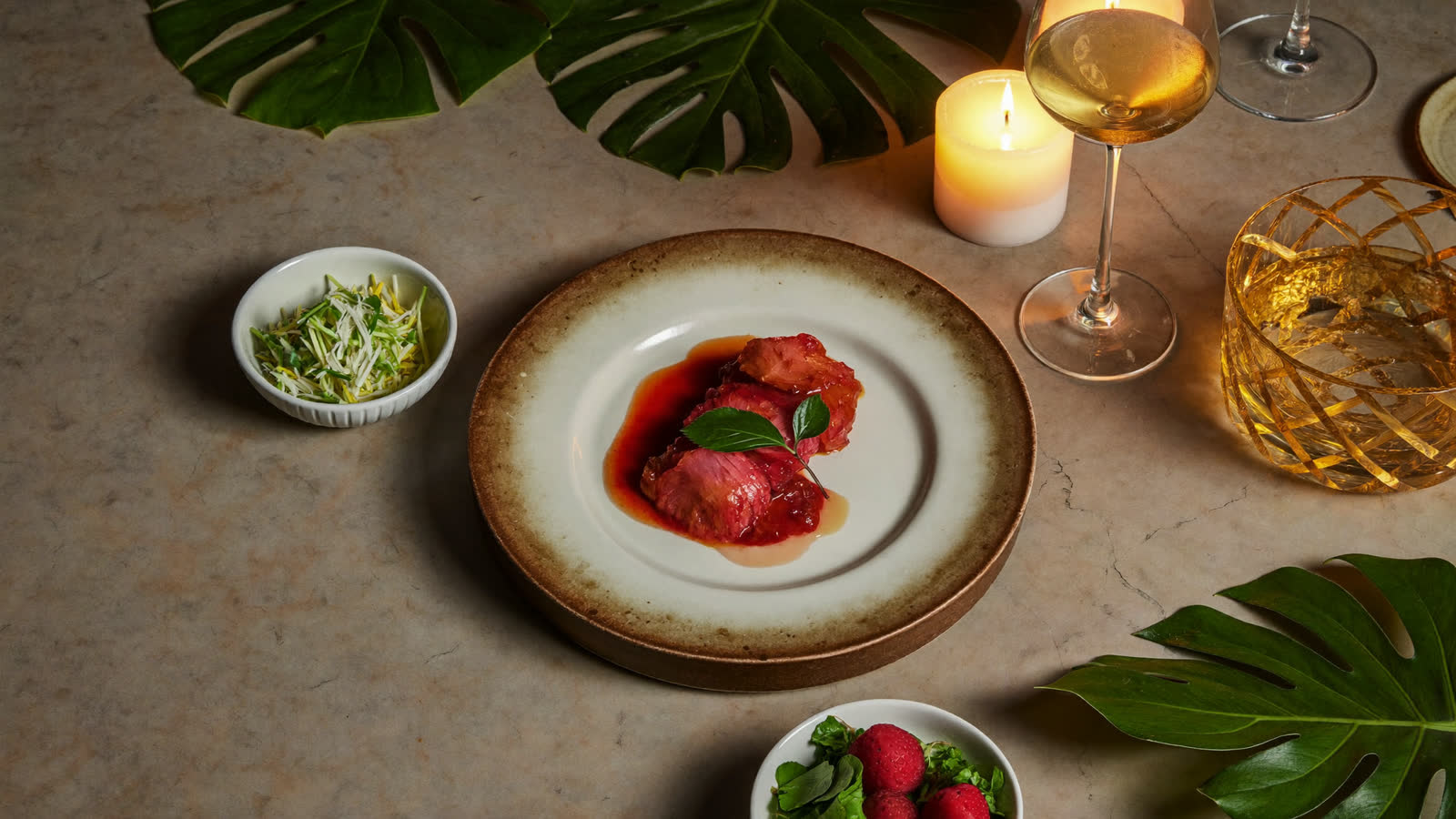 Modern Vietnamese tasting-menu dish on ceramic by candlelight, Hanoi