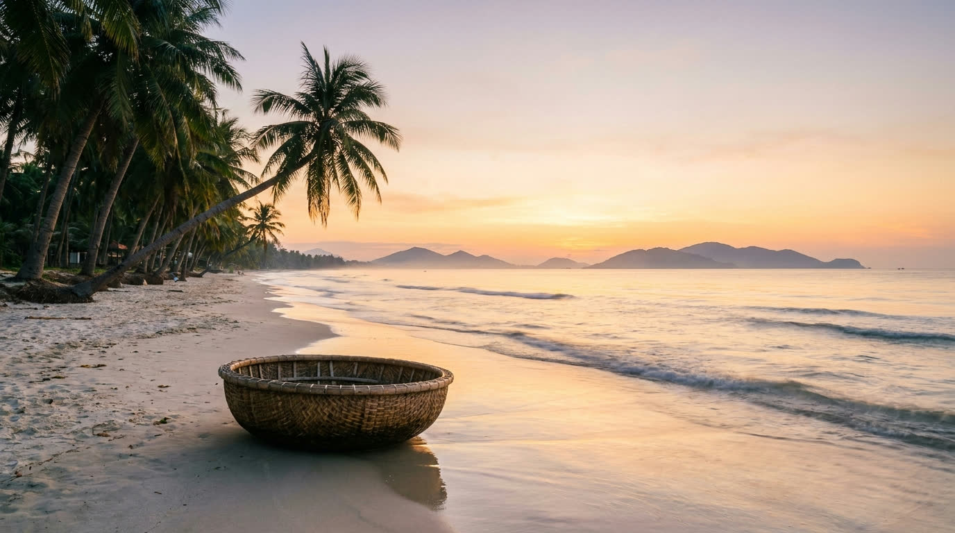 Empty white sand beach with palms and a basket boat near Hoi An at sunrise