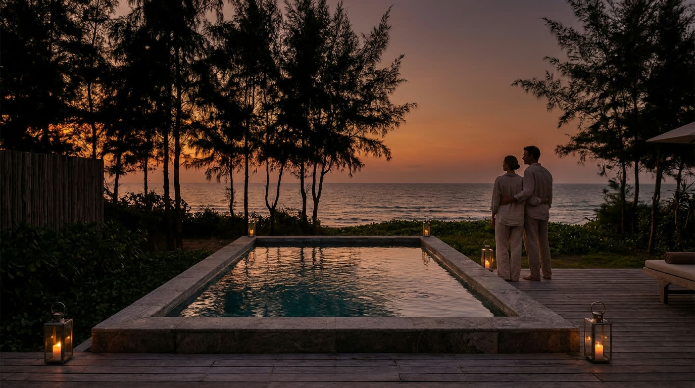 Private pool villa terrace facing the sea through casuarina trees in central Vietnam