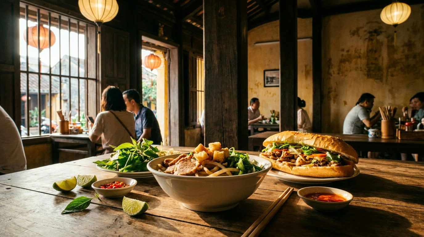 Cao lau noodles and banh mi with herbs on a wooden table in Hoi An