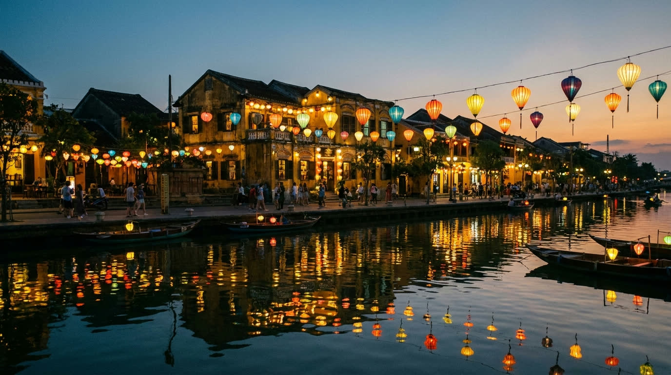 Hoi An's yellow shophouses and silk lanterns reflected in the Thu Bon river at dusk