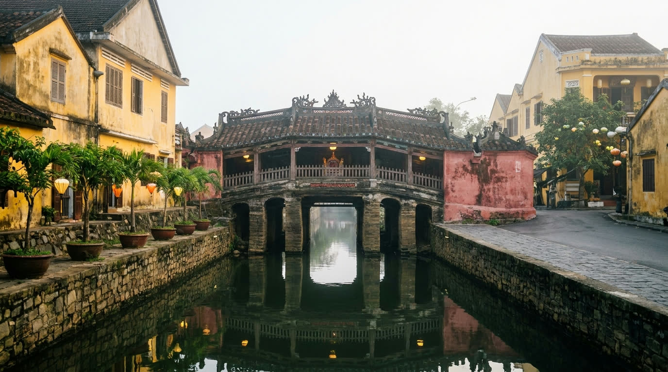 The Japanese Covered Bridge in Hoi An at early morning with no crowds