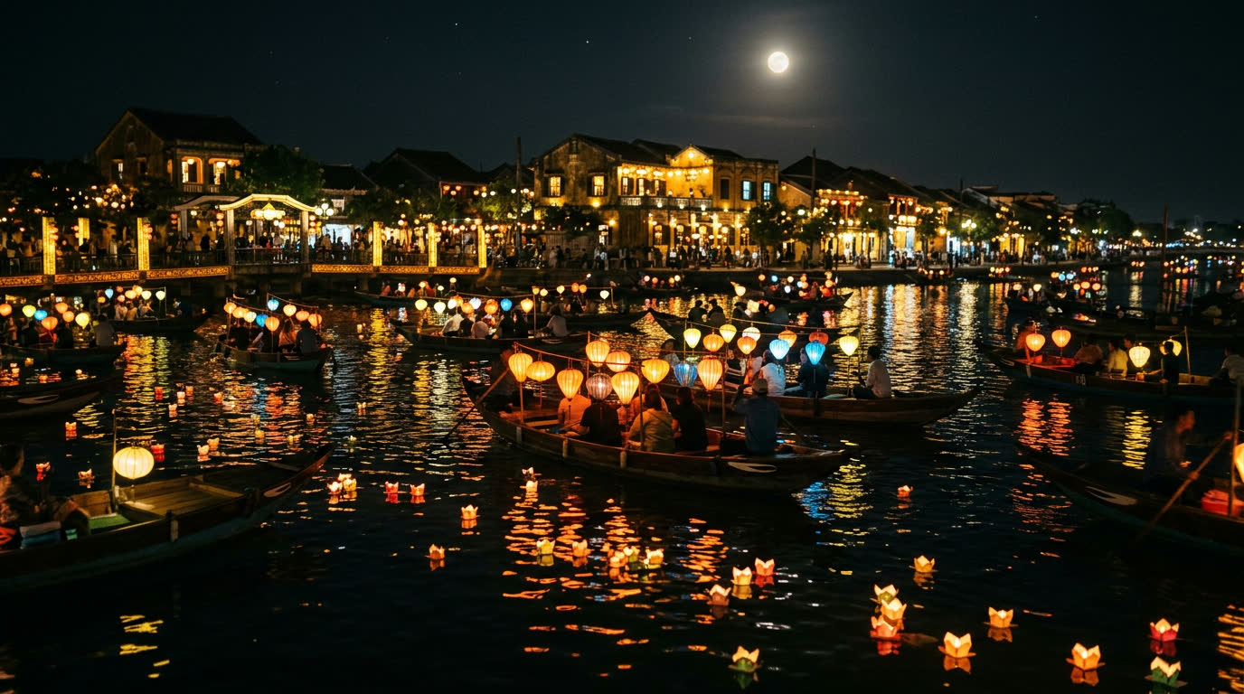 Lantern-lit boats and floating candle offerings on the Thu Bon river during Hoi An's full-moon festival