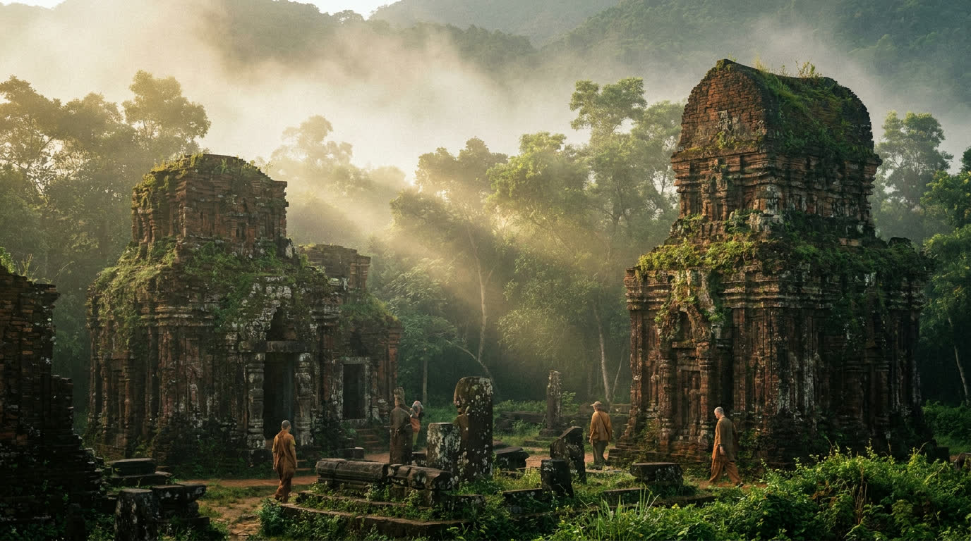 Cham temple ruins of My Son sanctuary in morning mist