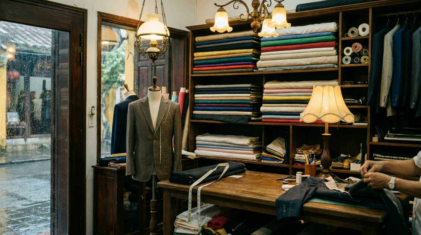 Bolts of silk and a suit on a mannequin in a Hoi An tailor's atelier