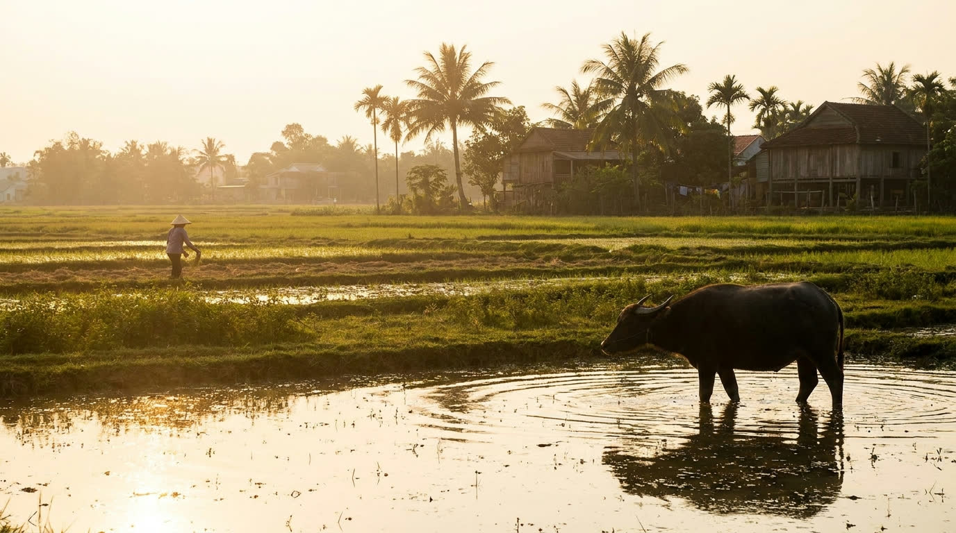 Rice paddies and farm plots near Hoi An at golden hour
