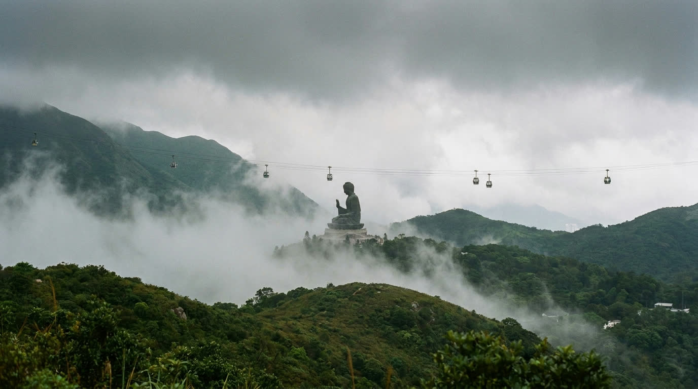 Tian Tan Big Buddha on Lantau Island with cable car gondolas in the misty distance