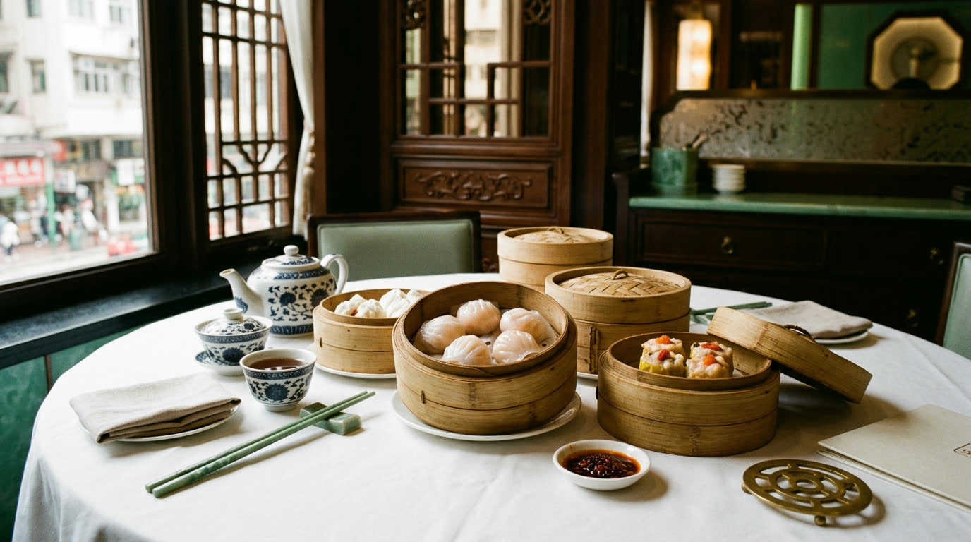 Dim sum in bamboo steamers in an elegant Cantonese dining room, Hong Kong