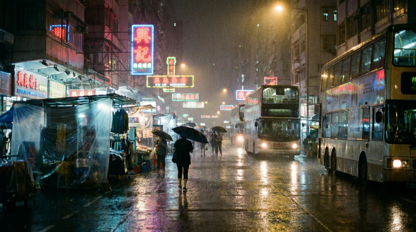 Neon-lit street in Mong Kok, Hong Kong, reflecting on wet pavement at night