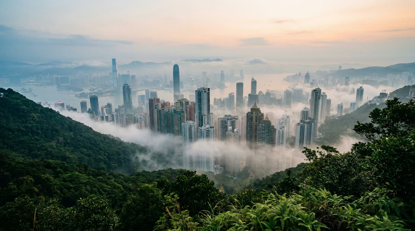 View from Victoria Peak over Hong Kong island, harbour and Kowloon at dawn