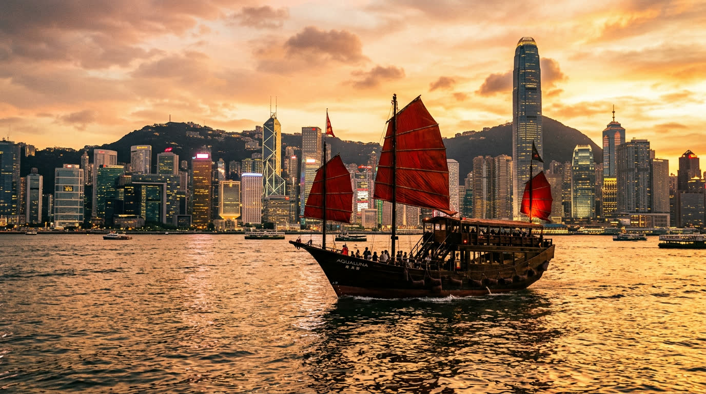 Red-sailed wooden junk crossing Victoria Harbour at sunset with the Hong Kong skyline behind