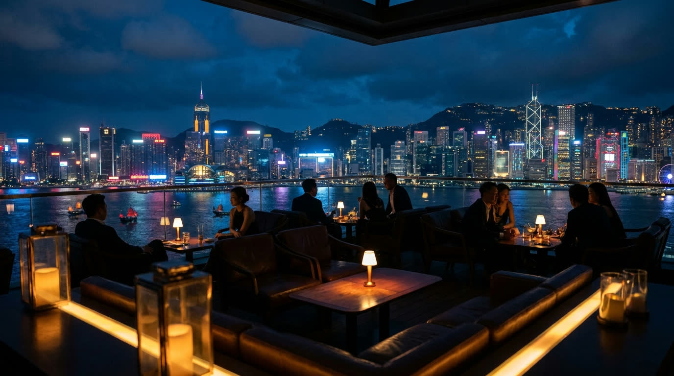 Rooftop cocktail bar overlooking the Hong Kong skyline and harbour at night