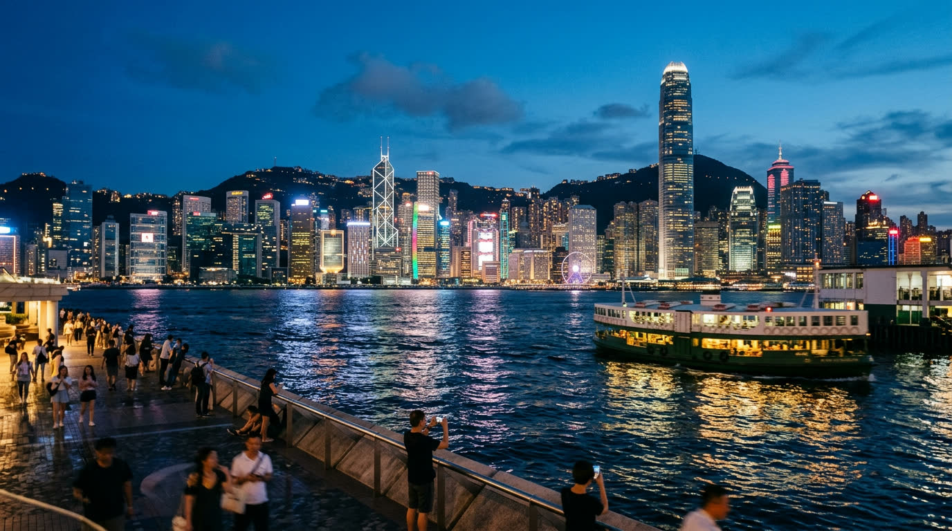 Hong Kong skyline across Victoria Harbour at blue hour with the Star Ferry crossing