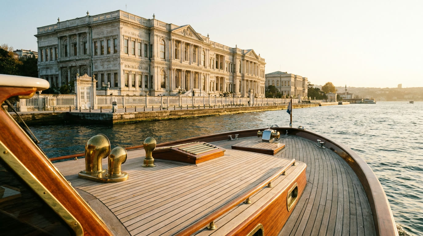A private motor yacht cruising the Bosphorus past a white Ottoman waterfront palace in late light