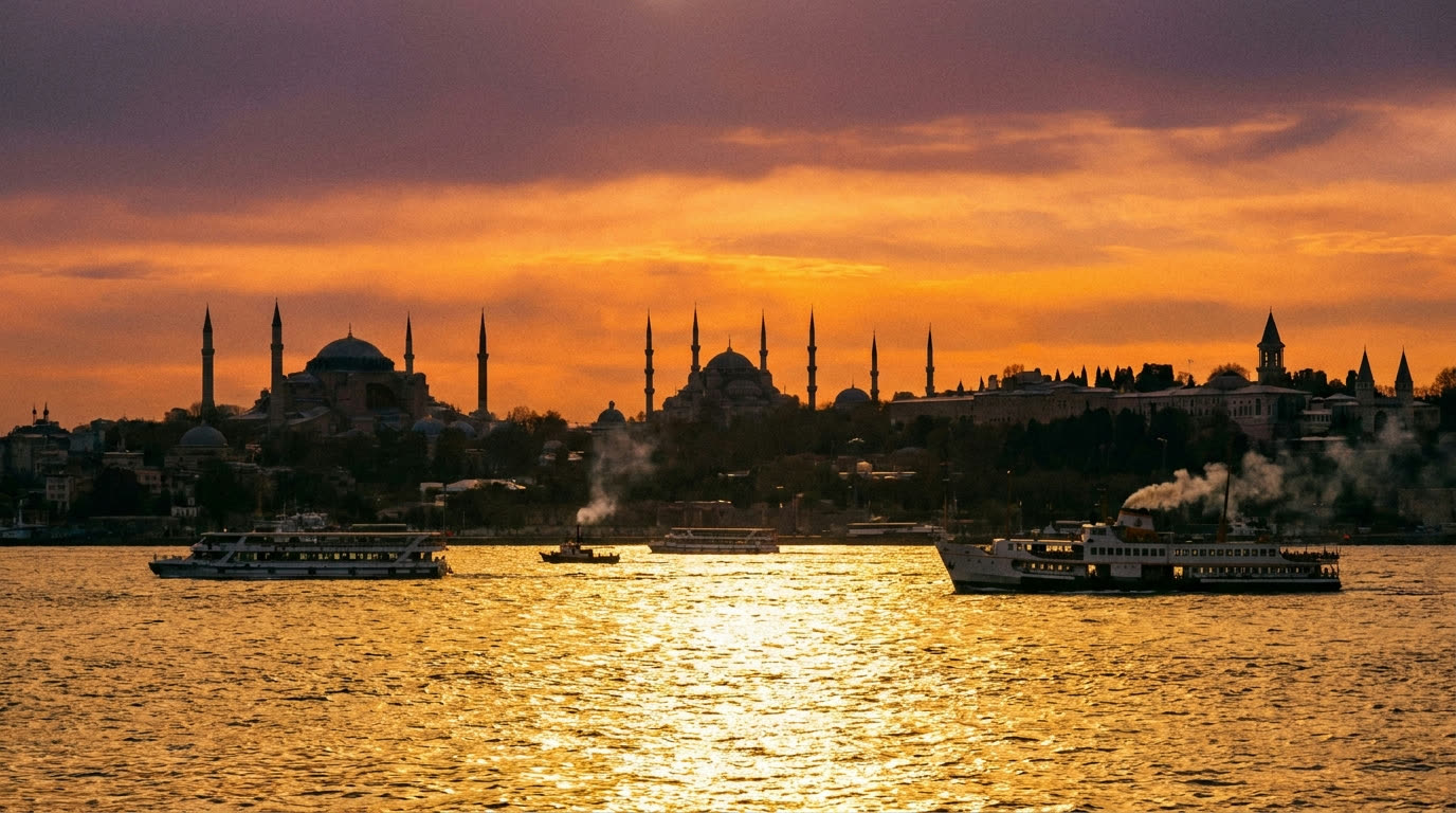 Istanbul's old city skyline of domes and minarets silhouetted at sunset across the Bosphorus