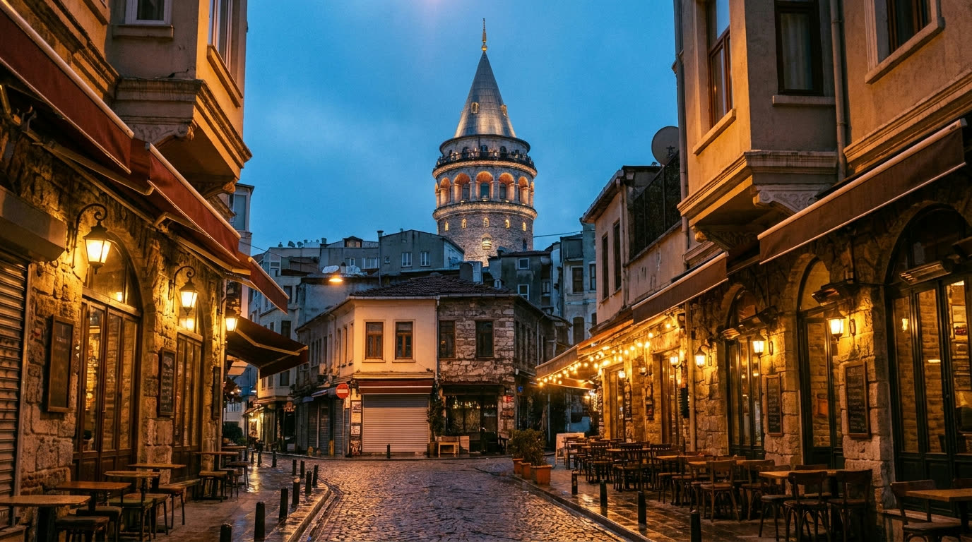 Galata Tower above the rooftops of Karaköy at blue hour with warm cafe lights below