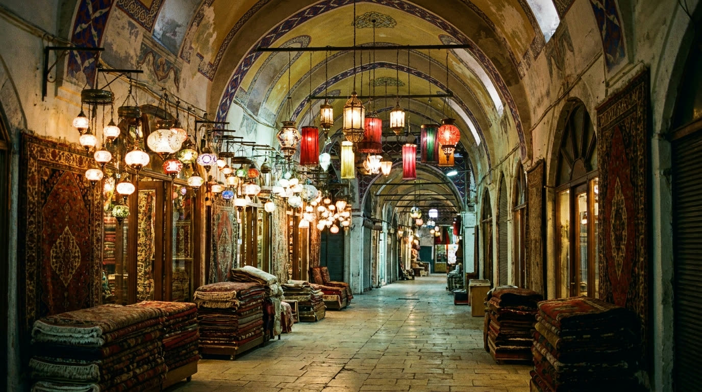 The painted vaulted arcades of Istanbul's Grand Bazaar glowing with lanterns and stacked carpets