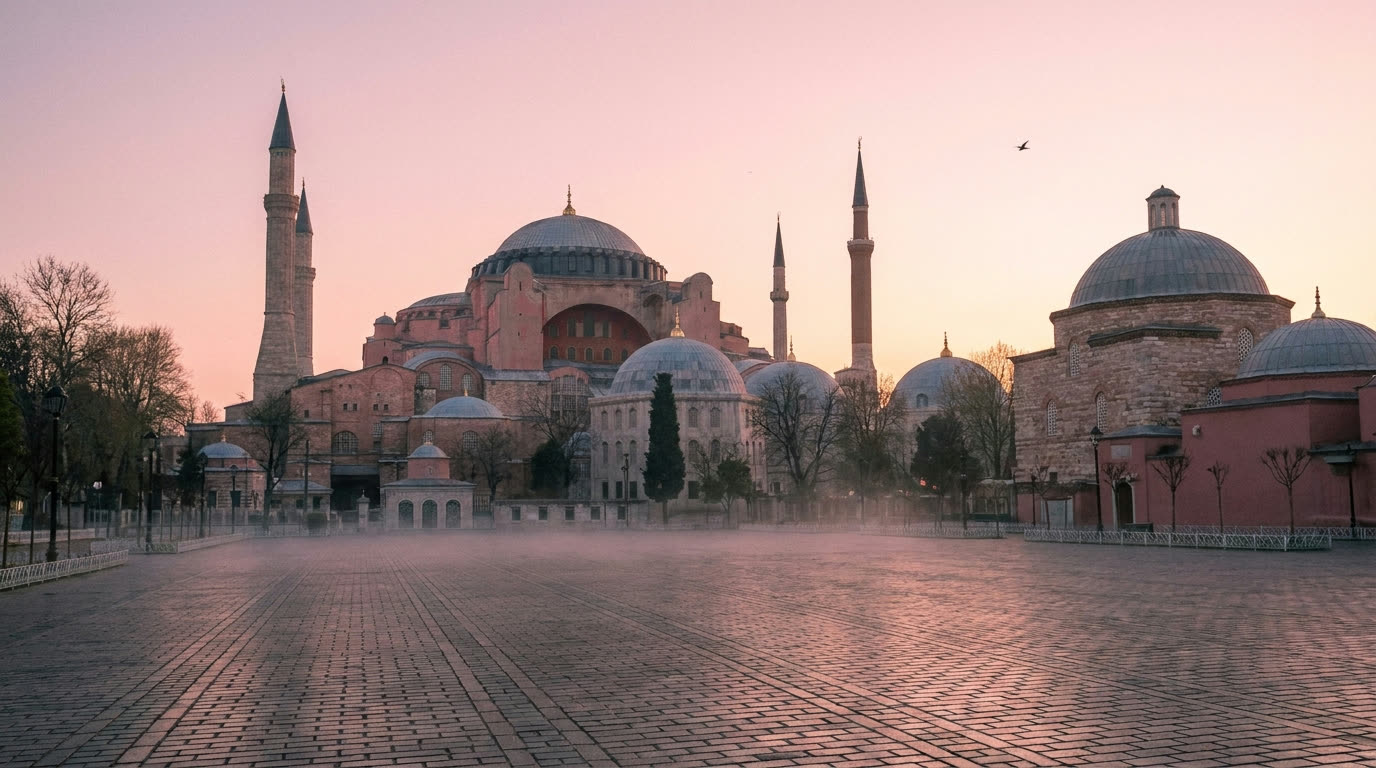 Hagia Sophia's domes and minarets in rose dawn light over an empty misty square
