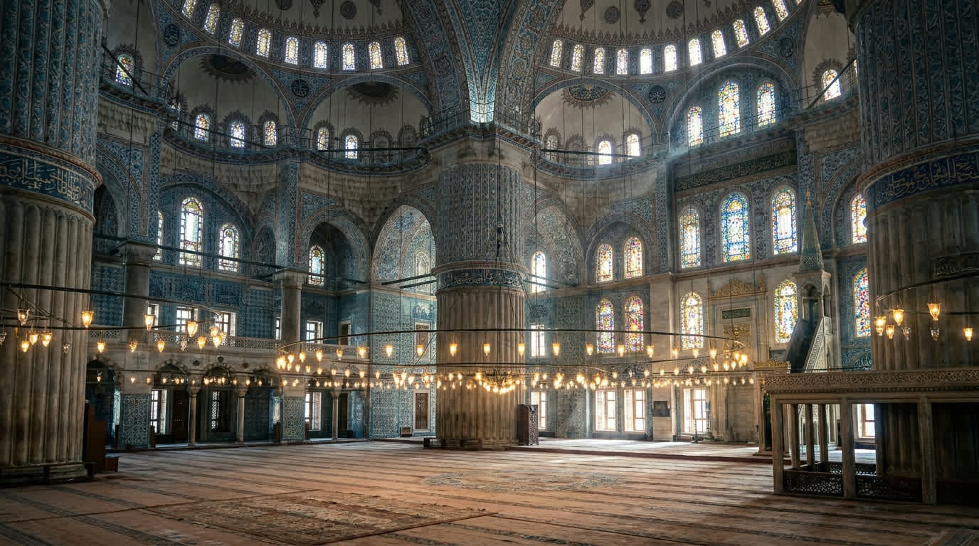 Cascading tiled domes and circular chandeliers inside an Ottoman imperial mosque in Istanbul