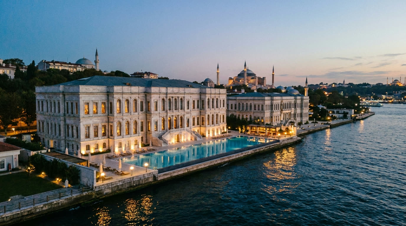 A white marble Ottoman palace hotel on the Bosphorus waterfront with pool at the water's edge at dusk