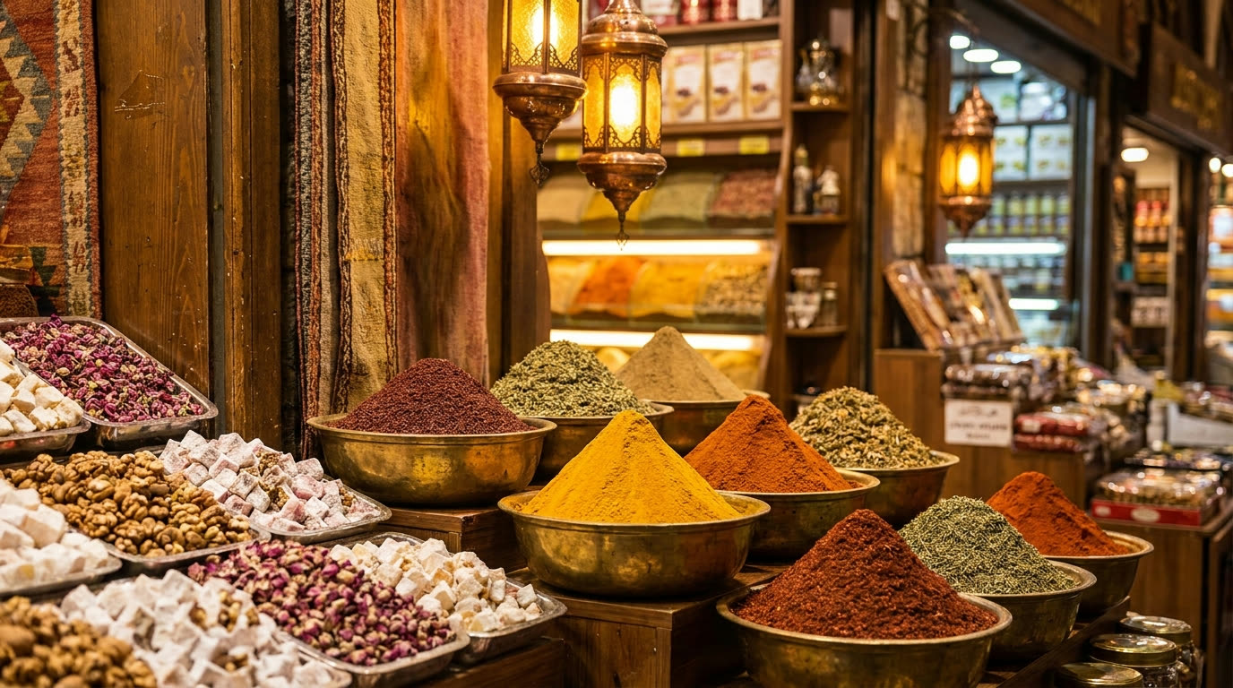 Pyramids of colourful spices and Turkish delight in brass bowls in Istanbul's Egyptian spice bazaar