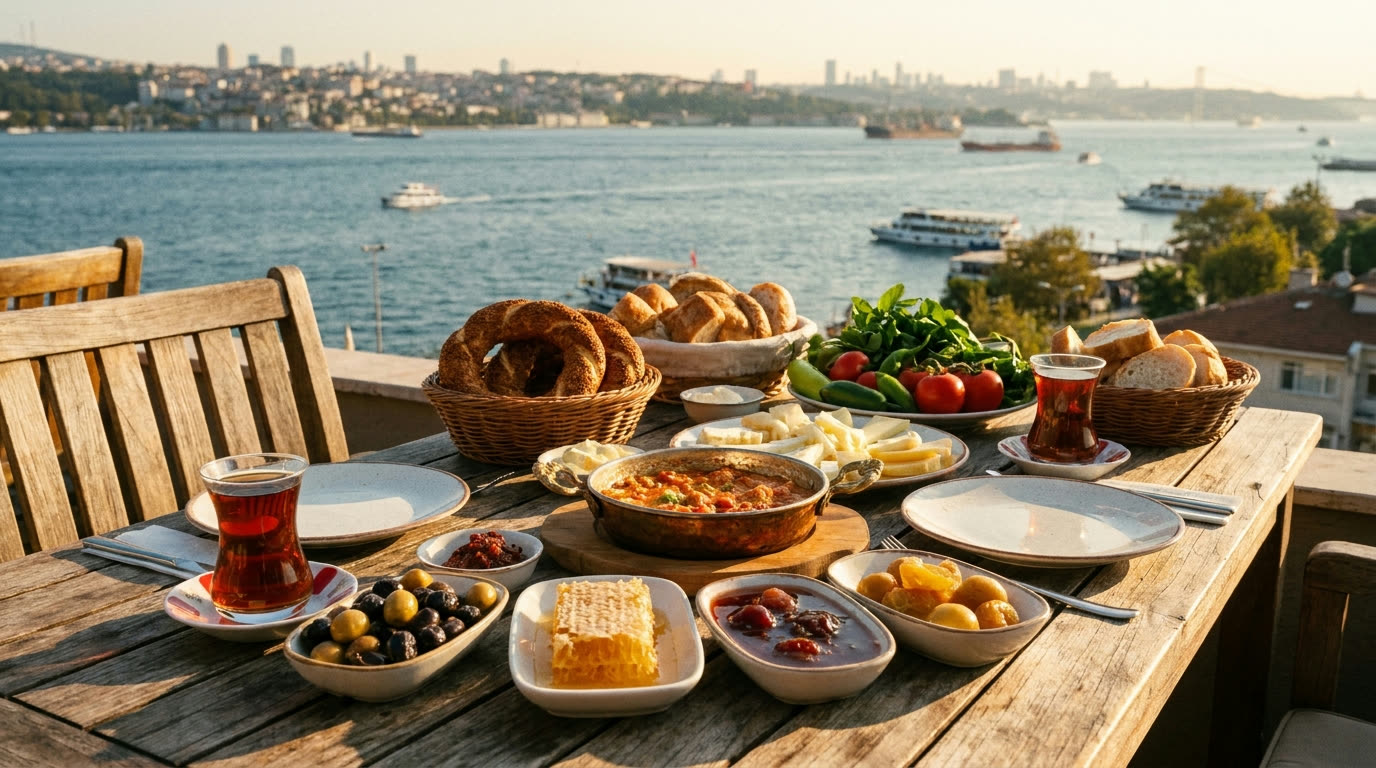 A lavish Turkish breakfast with tulip tea glasses, olives, honeycomb and cheeses on a Bosphorus terrace