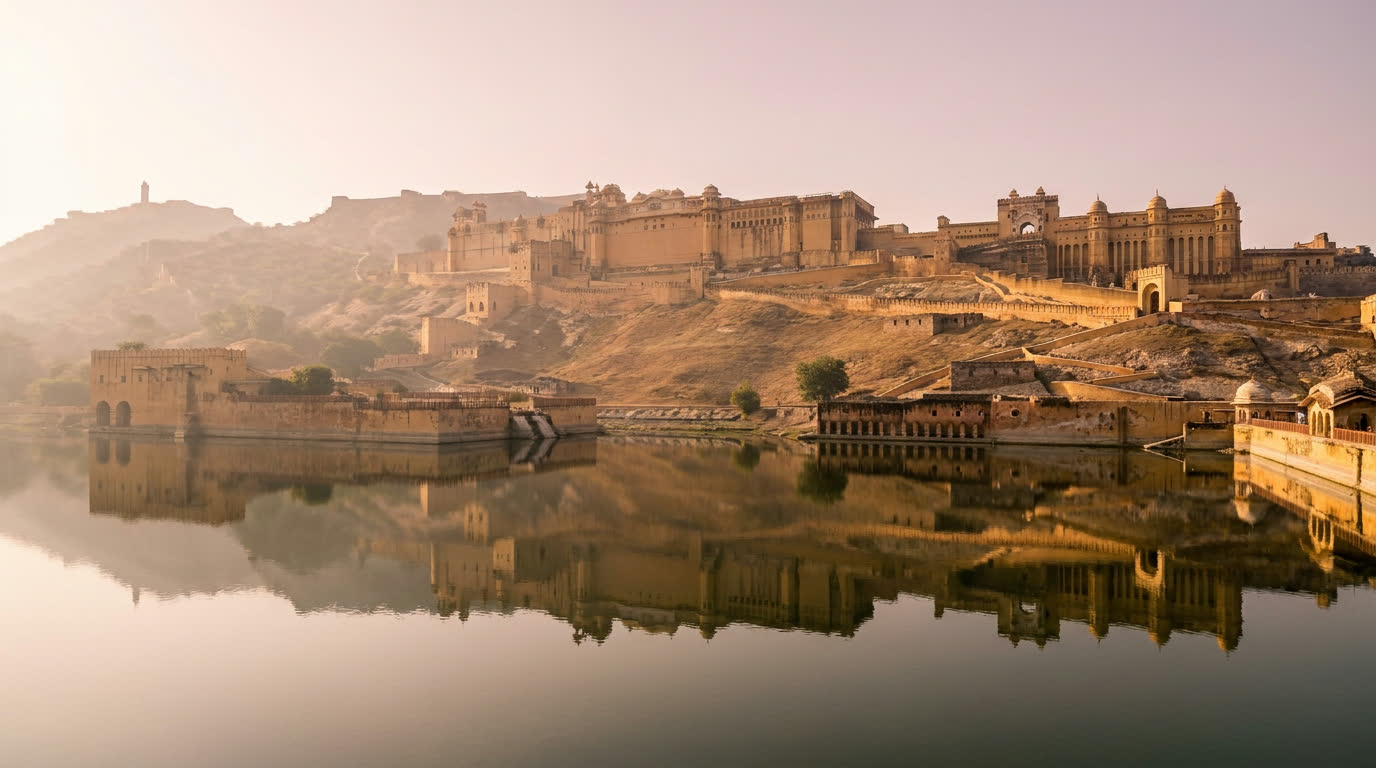 Amber Fort's honey-coloured ramparts and courtyards above Maota Lake in early morning light