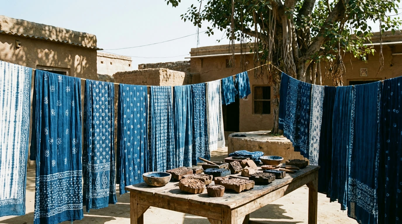 Indigo block-printed textiles drying in a Rajasthani village courtyard with carved wooden blocks