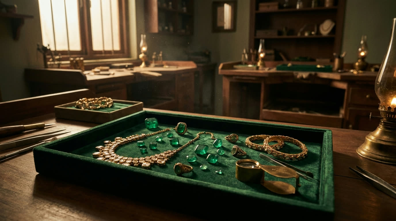 Loose emeralds and gold jewellery on a velvet tray in a traditional Jaipur gem atelier