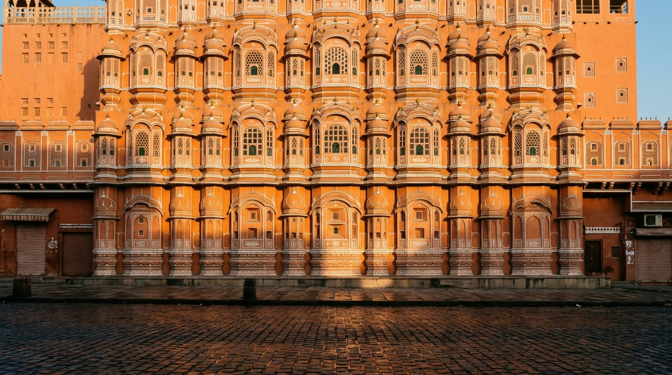 The pink honeycomb facade of Hawa Mahal glowing in early morning light in Jaipur