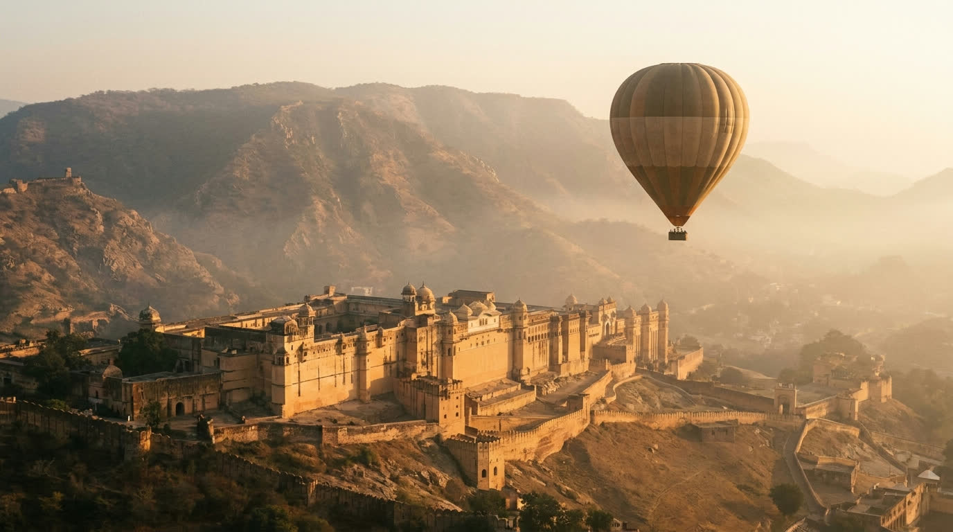 Hot-air balloon drifting at sunrise over Amber Fort and the Aravalli hills near Jaipur