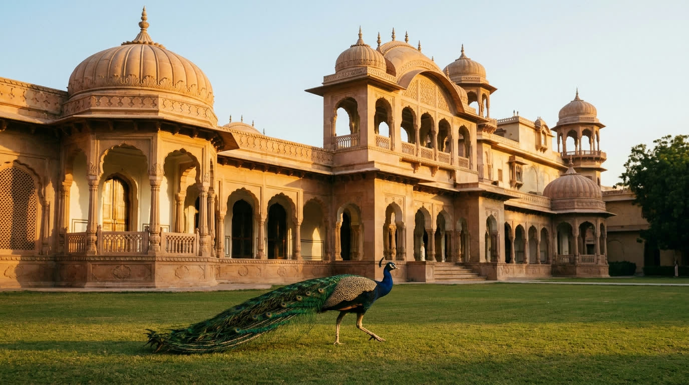 A peacock crossing manicured palace hotel lawns with Indo-Saracenic architecture behind in Jaipur