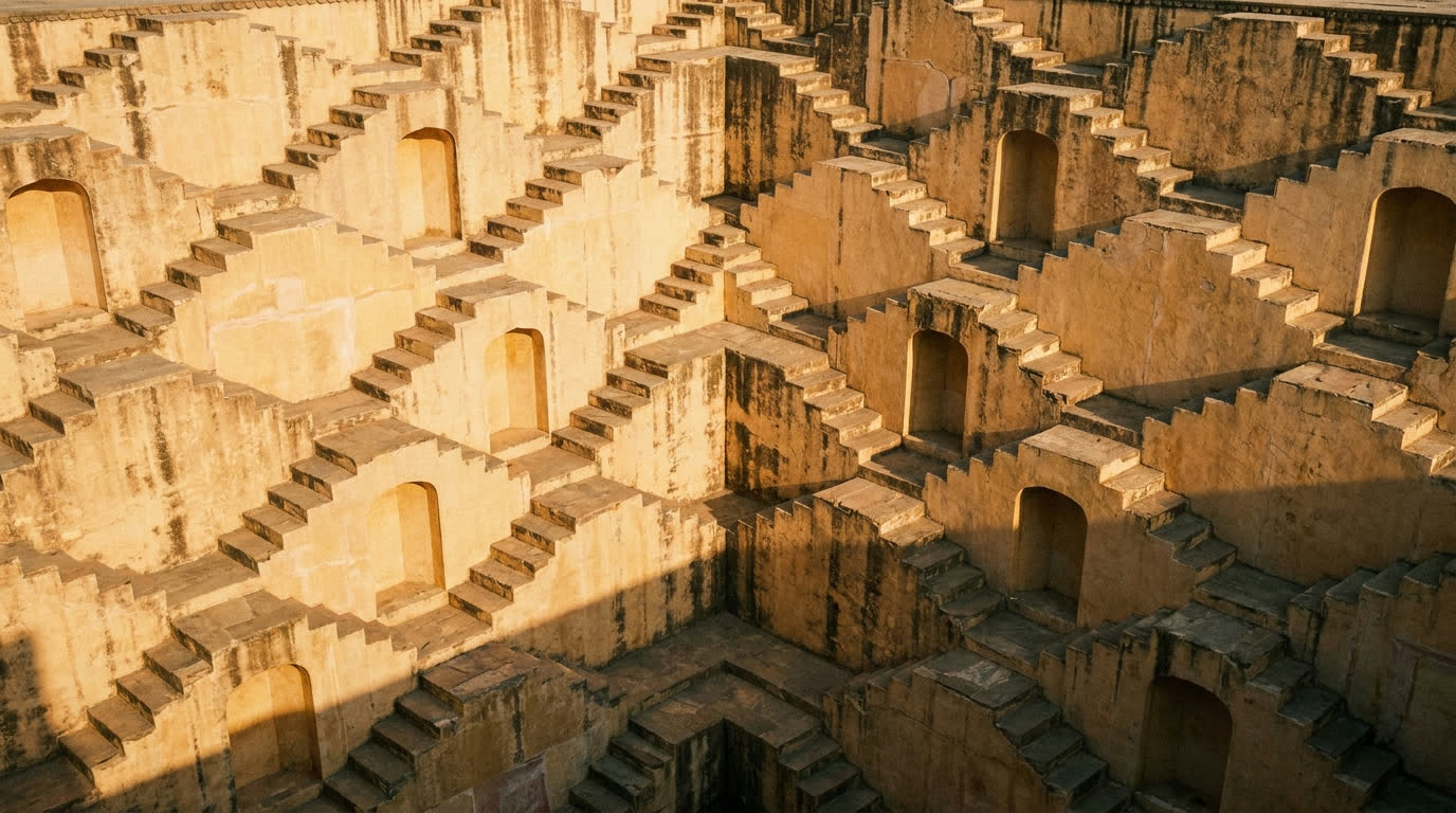 Symmetrical criss-crossing stone steps of the Panna Meena ka Kund stepwell near Amber