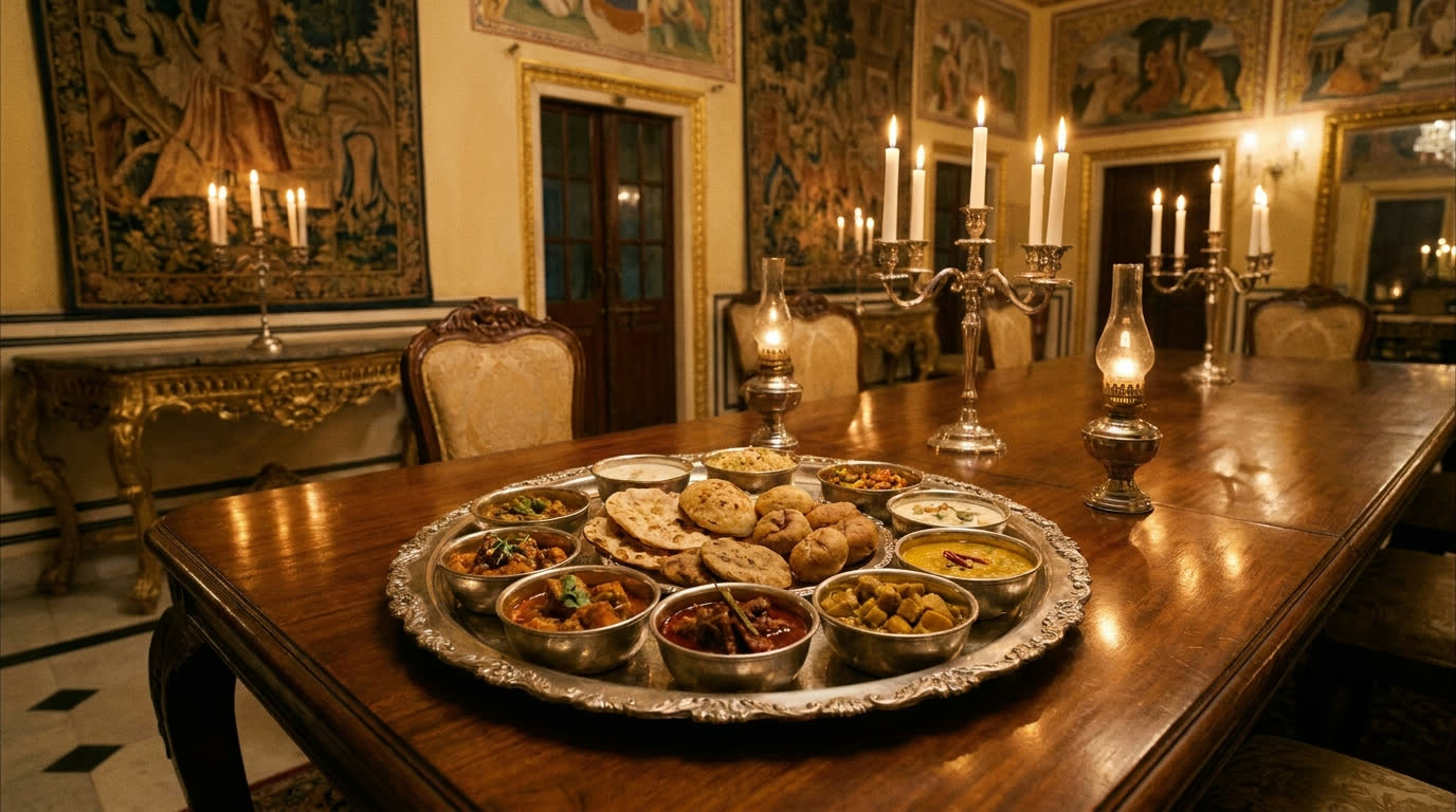 Ornate silver thali with Rajasthani dishes served in a gilded palace dining room
