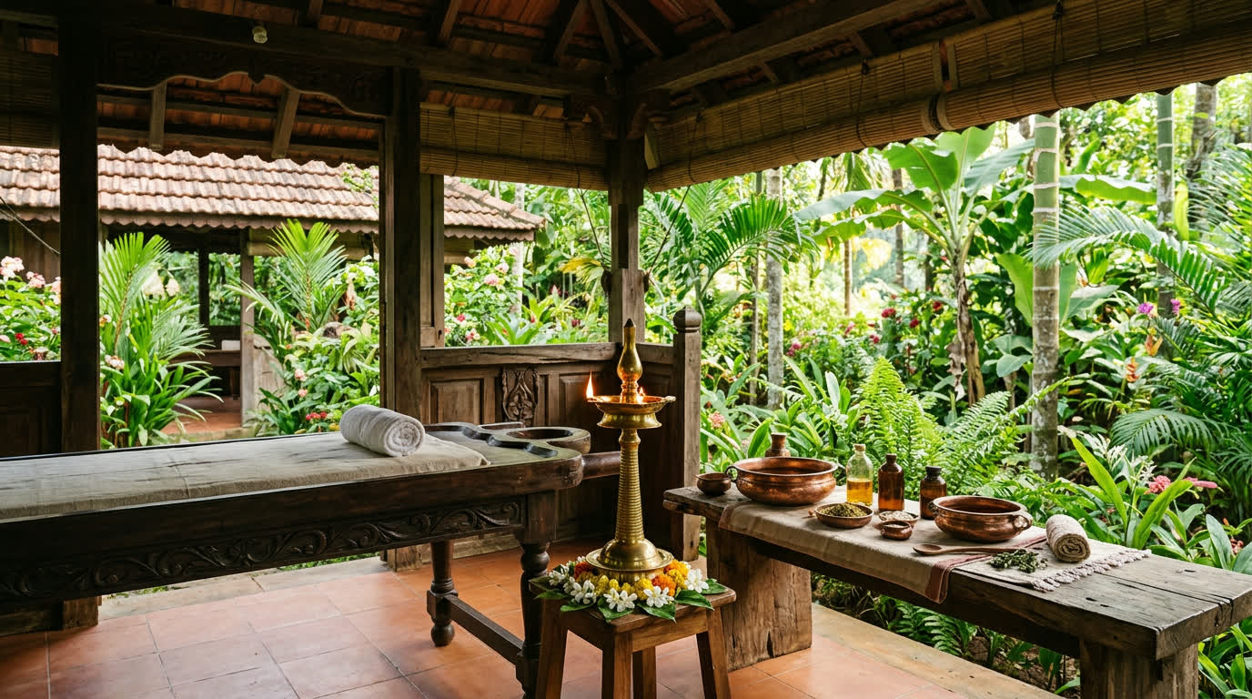 Ayurvedic treatment pavilion with brass lamp and herbal oils, Kerala